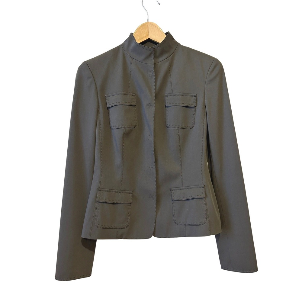 Elie Tahari Blazer Sz 4 Brown Wool Blend‎ Mock Neck Utility Jacket Career Staple